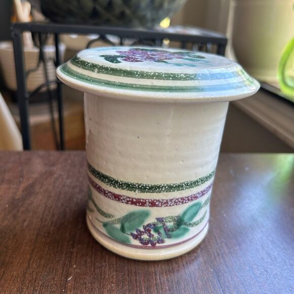 Unique Ceramic Jar W/ Butter Bell Lid Painted Green Stripes & Red Grapes signed - Picture 4 of 10